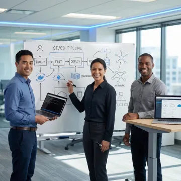DevOps team reviewing an infrastructure automation deployment pipeline on a whiteboard