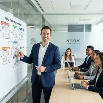 DevOps consultant walking an enterprise team through a transformation roadmap on a whiteboard