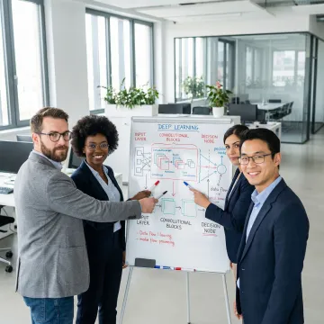 Consulting team working through a deep learning project roadmap on a whiteboard