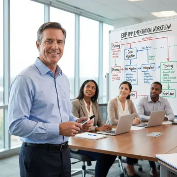 ERP implementation process illustrated with a structured workflow diagram on a whiteboard