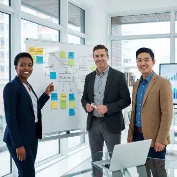 Digital transformation process roadmap displayed on a whiteboard with consultants planning steps