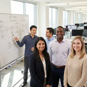 Consulting team collaborating on AI transformation project roadmap and machine learning deployment strategy