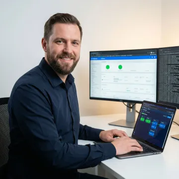 DevOps engineer configuring a CI/CD pipeline on a laptop with deployment dashboards