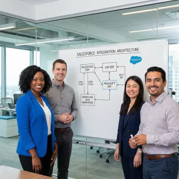 Salesforce integration consulting team collaborating on system architecture whiteboard