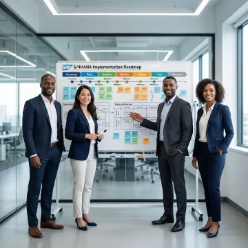 SAP implementation team collaborating on a project roadmap in a modern office