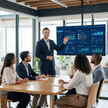 Machine learning consultant presenting AI model insights on a digital dashboard to a business team