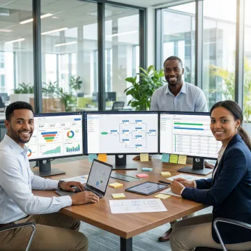 CRM implementation team collaborating on system configuration and data migration at workstations