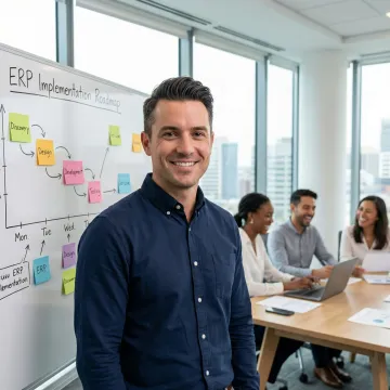 ERP implementation process diagram showing phased steps on a whiteboard