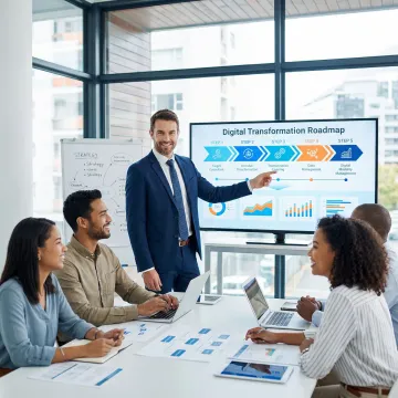 IT consultant presenting a process automation delivery framework on a whiteboard