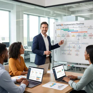 Step-by-step HubSpot CRM implementation process diagram with consultants