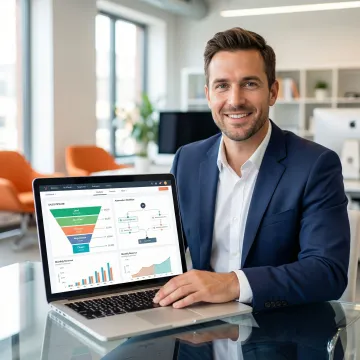 HubSpot CRM implementation expert configuring dashboard on laptop