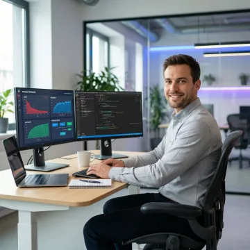 Data scientist reviewing AI model training pipeline on a laptop in a professional workspace