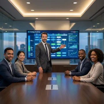 IT consultant presenting digital transformation strategy on a large screen in a modern office boardroom