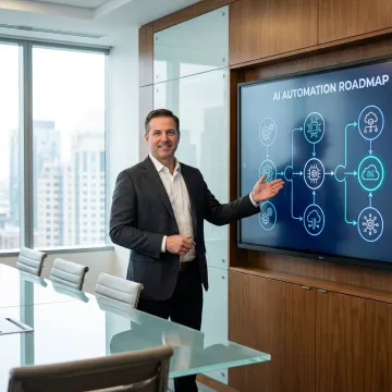 Consultant walking through an intelligent automation implementation roadmap on a digital whiteboard