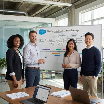 Salesforce Marketing Cloud implementation team reviewing a structured deployment roadmap
