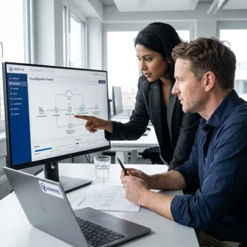 Cloud migration team reviewing infrastructure architecture