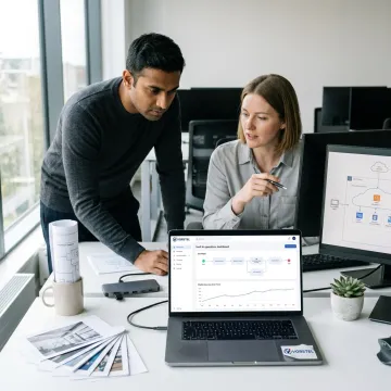 AI development team reviewing machine learning dashboards
