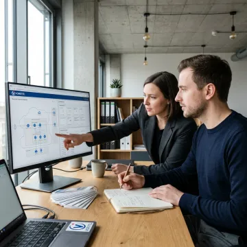 Business technology consultants reviewing digital strategy