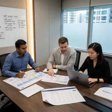 Team reviewing SAP implementation phases and go-live plan