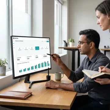 AI consultant reviewing business automation dashboard