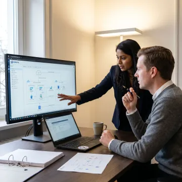 Consultants analyzing enterprise technology architecture