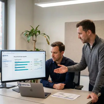 Microsoft 365 migration team configuring cloud collaboration tools