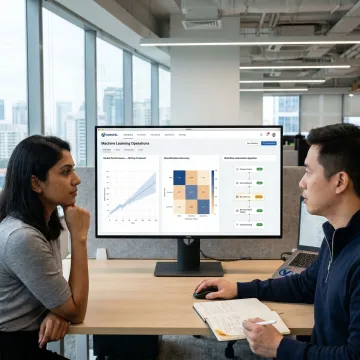AI engineers reviewing machine learning dashboards