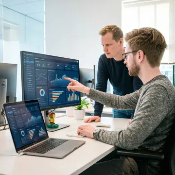 Step-by-step analytics consulting process with data engineers and business analysts collaborating