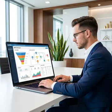 CRM implementation consultant reviewing customer data pipeline on a laptop