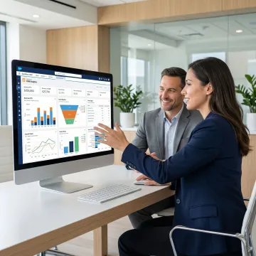 Salesforce consultant reviewing CRM dashboard with a client in a modern office