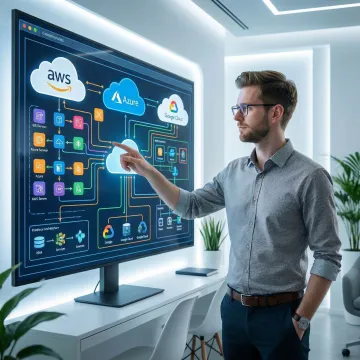 Cloud consulting expert reviewing infrastructure architecture on a digital dashboard