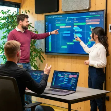 Cloud engineers executing a step-by-step cloud migration plan on a project dashboard