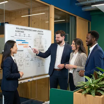 Consulting team reviewing a digital transformation project roadmap on a whiteboard