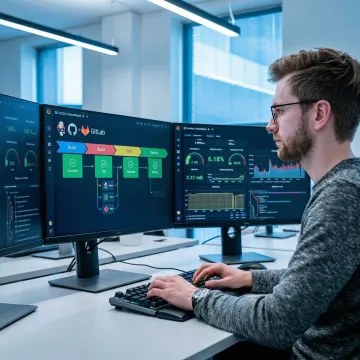DevOps consultant reviewing CI/CD pipeline dashboard on multiple screens in a modern office
