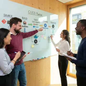 DevOps team collaborating on pipeline architecture and deployment automation strategy on a whiteboard