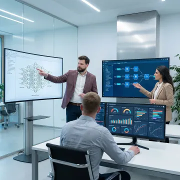 AI consulting team analyzing data pipelines and machine learning model outputs on multiple screens
