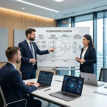 AI consultants presenting a structured generative AI implementation roadmap on a whiteboard