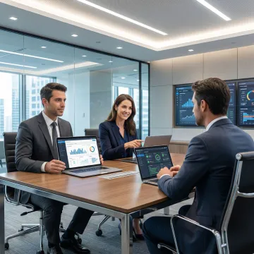 Business team collaborating with an IT consultant reviewing digital strategy dashboards on monitors