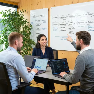 Step-by-step AI implementation process with consultants and data engineers collaborating