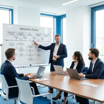 CRM consultant walking a client team through an implementation roadmap on a whiteboard