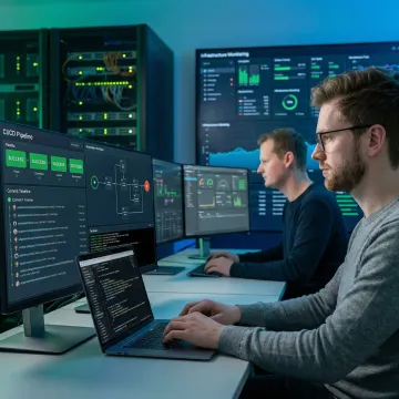 DevOps engineers collaborating on CI/CD pipeline automation and deployment workflows