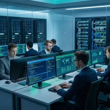 Cloud engineers executing a multi-step infrastructure migration process on enterprise servers