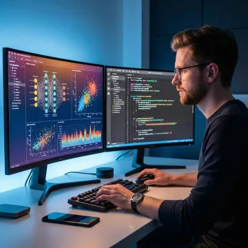 Data scientist building predictive analytics model on a laptop with data visualizations