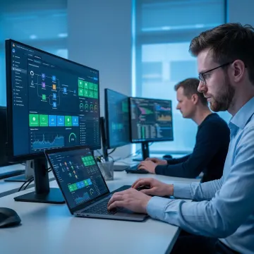 Cloud DevOps engineers monitoring CI/CD pipelines on multiple screens in a modern tech workspace