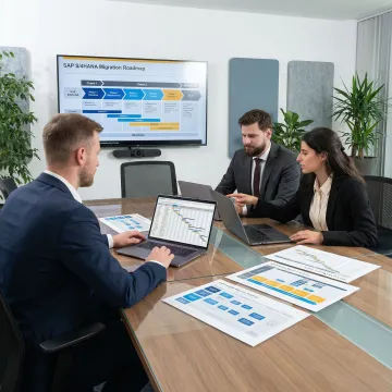 SAP migration team reviewing project roadmap and system architecture diagrams in a conference room