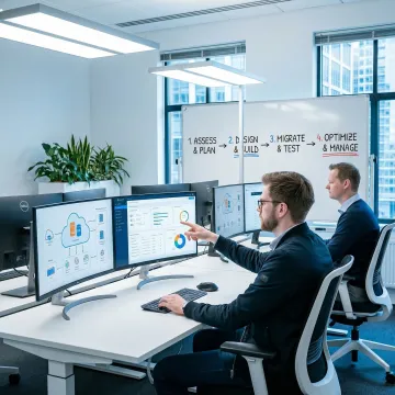 Structured cloud migration process illustrated with a team of engineers at workstations