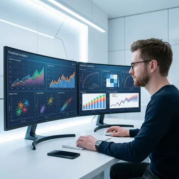 Predictive analytics consultant reviewing ML model dashboards and data forecasts on multiple screens
