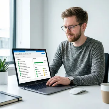 IT professional executing a structured Office 365 migration plan on a laptop with checklist