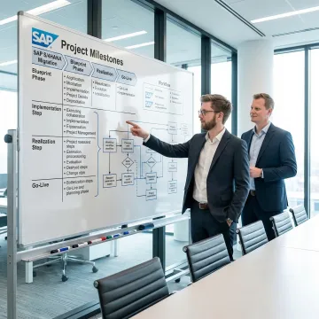 SAP implementation team reviewing project milestones on a whiteboard during a sprint planning session