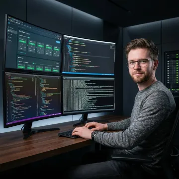 DevOps engineer configuring automated infrastructure pipelines on dual monitors